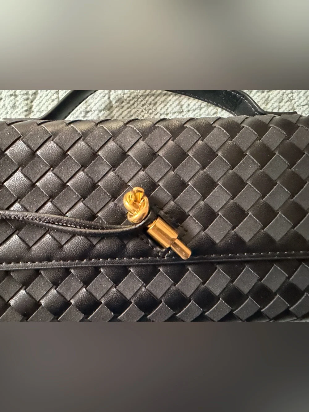 Black Woven vegan Leather Top-Handle Clutch with Gold Accent